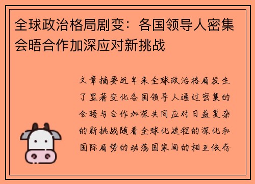 全球政治格局剧变：各国领导人密集会晤合作加深应对新挑战