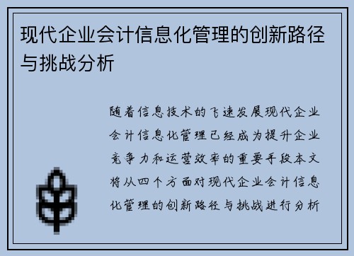 现代企业会计信息化管理的创新路径与挑战分析